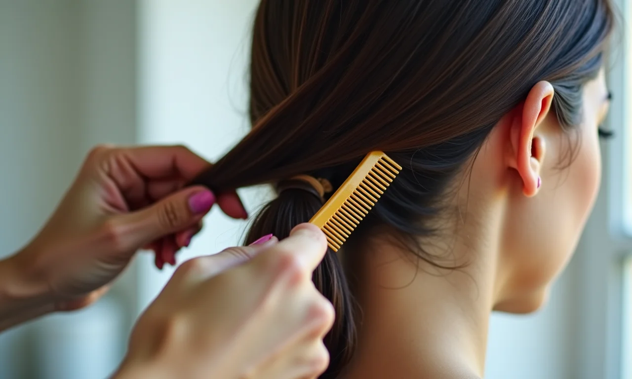 Mulher aplicando gelatina capilar com um pente, seguindo um guia prático.