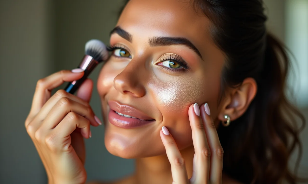 Mulher aplicando iluminador cintilante nas maçãs do rosto, criando um brilho radiante.