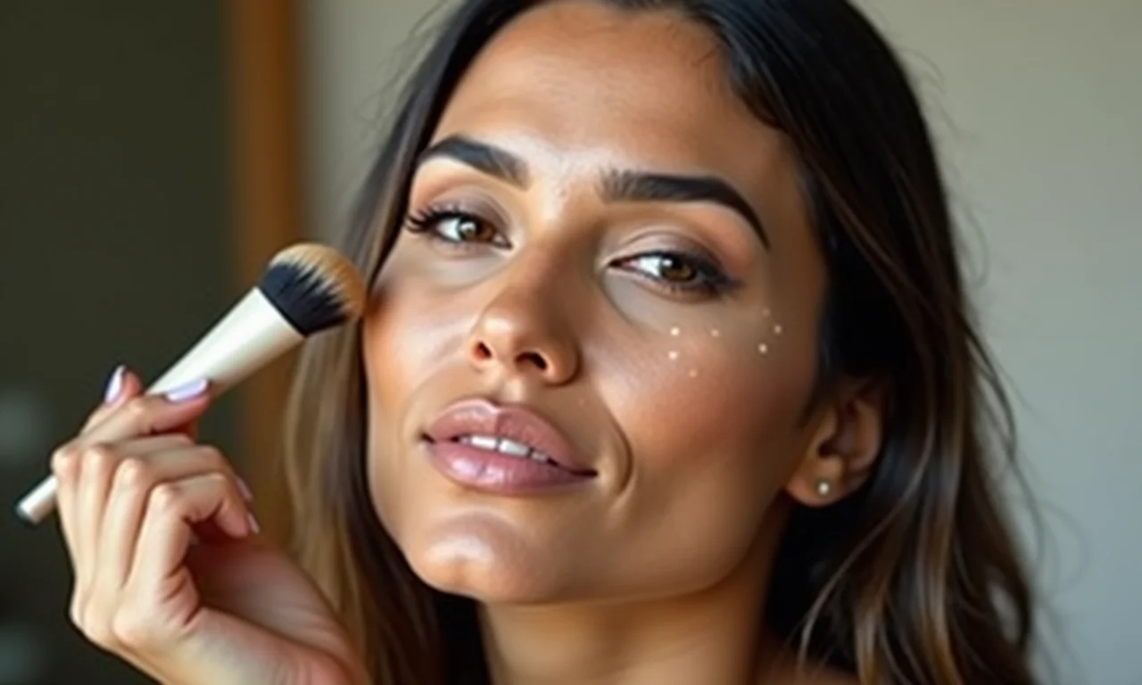 Mulher aplicando iluminador estrategicamente nas maçãs do rosto, ponte do nariz e arco do cupido.