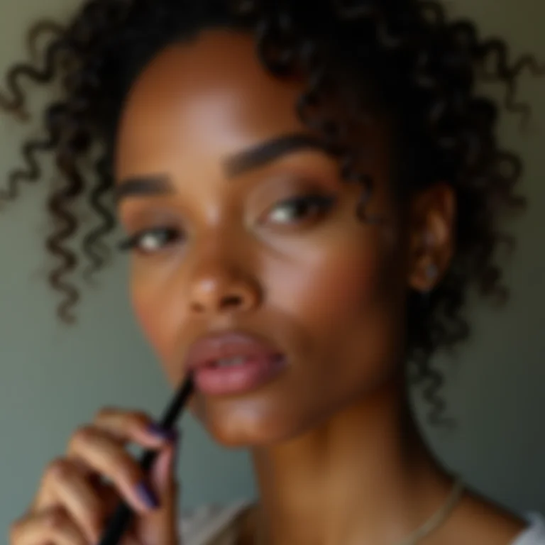 Mulher aplicando lápis labial com precisão