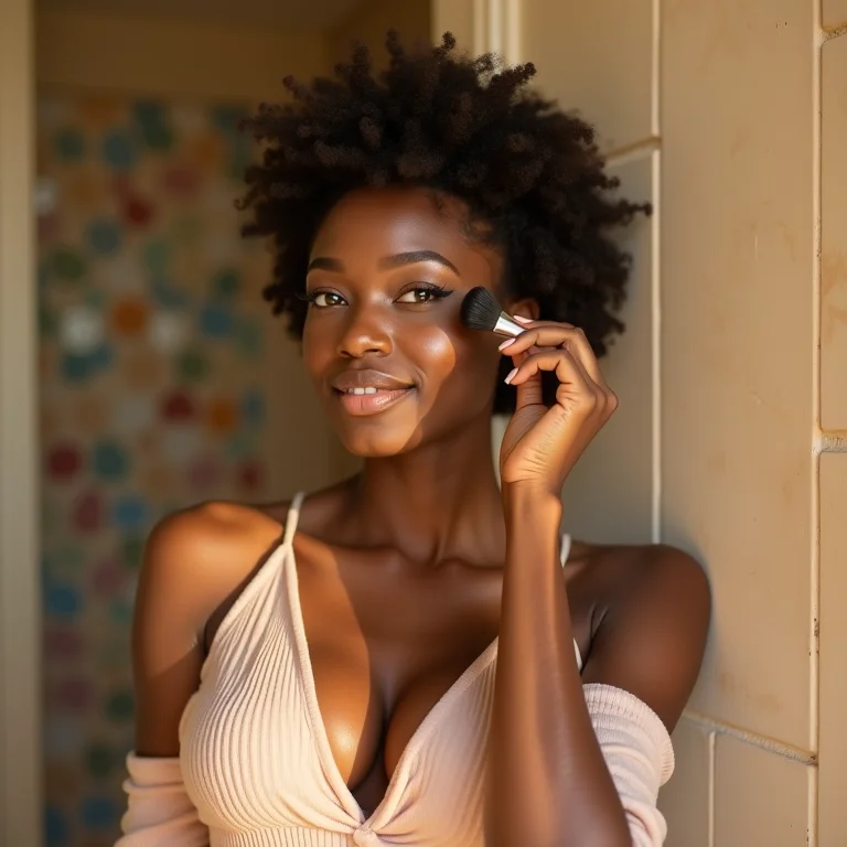 Mulher aplicando maquiagem em banheiro bege com revestimento 3D colorido.