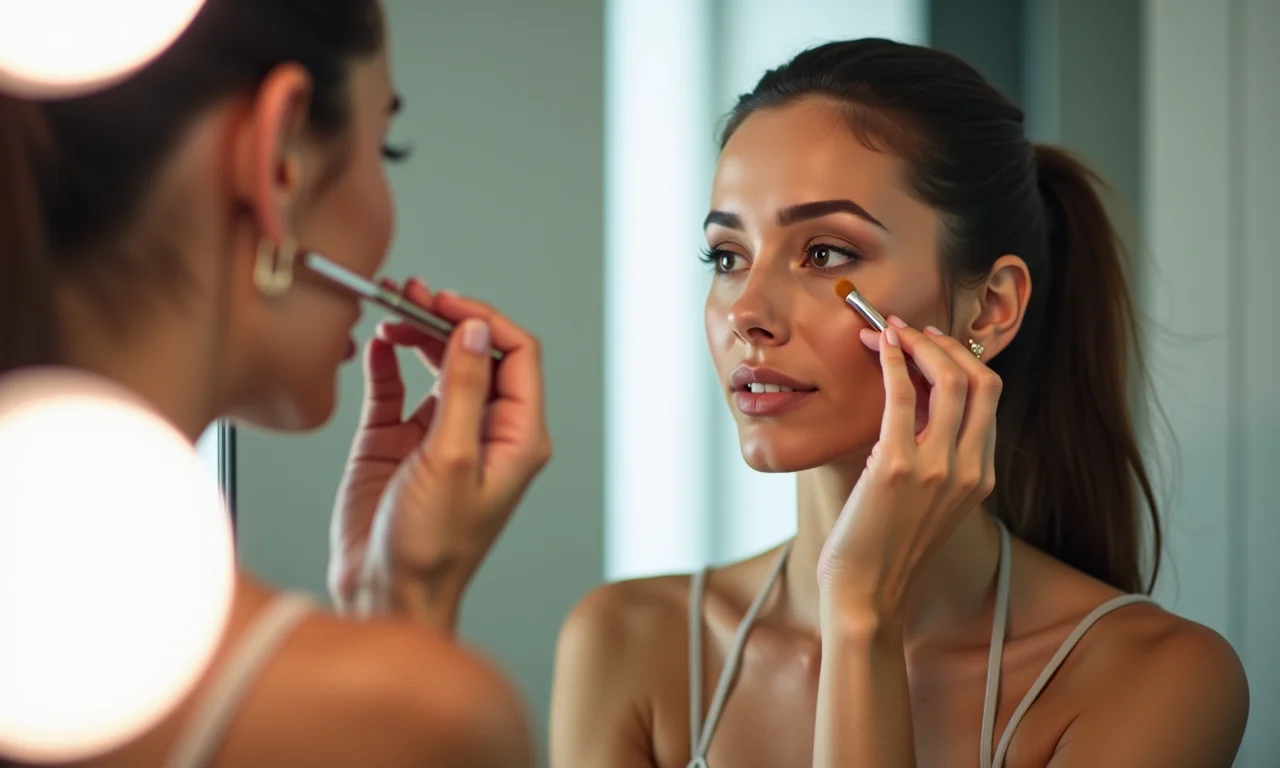 Mulher aplicando maquiagem minimalista, priorizando a abordagem 'menos é mais'.