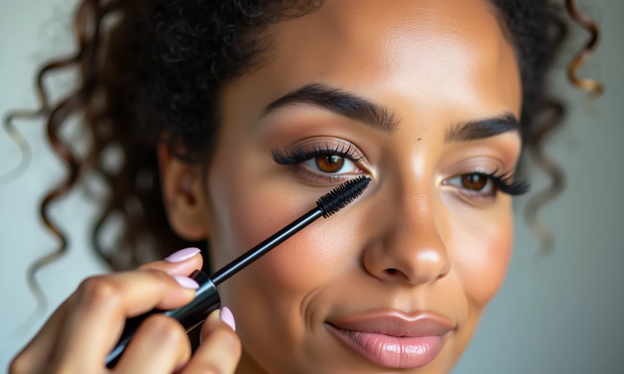 Mulher aplicando máscara de cílios alongadora, enfatizando cílios longos e definidos.
