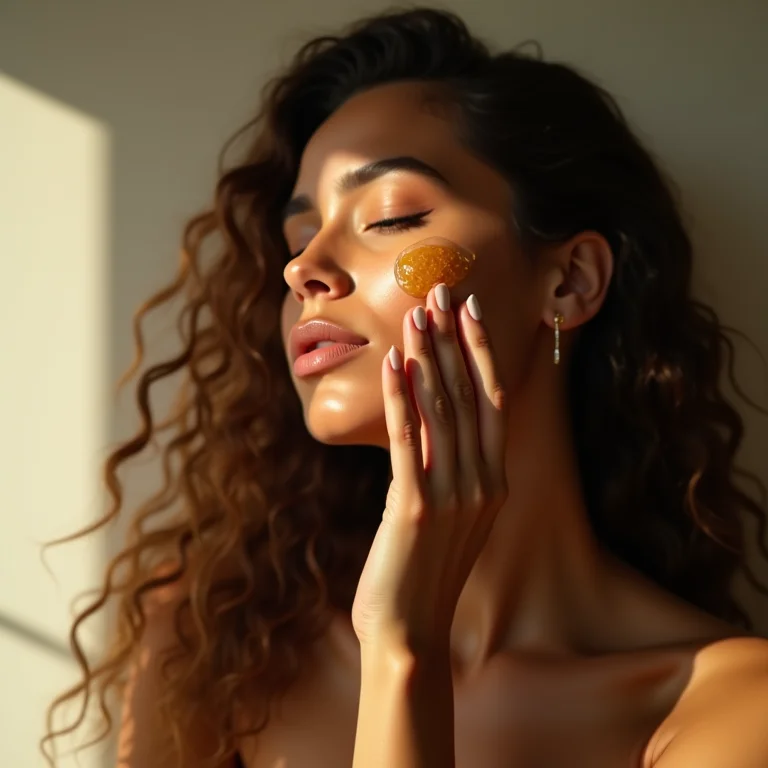 Mulher aplicando óleo facial derivado de castanhas.