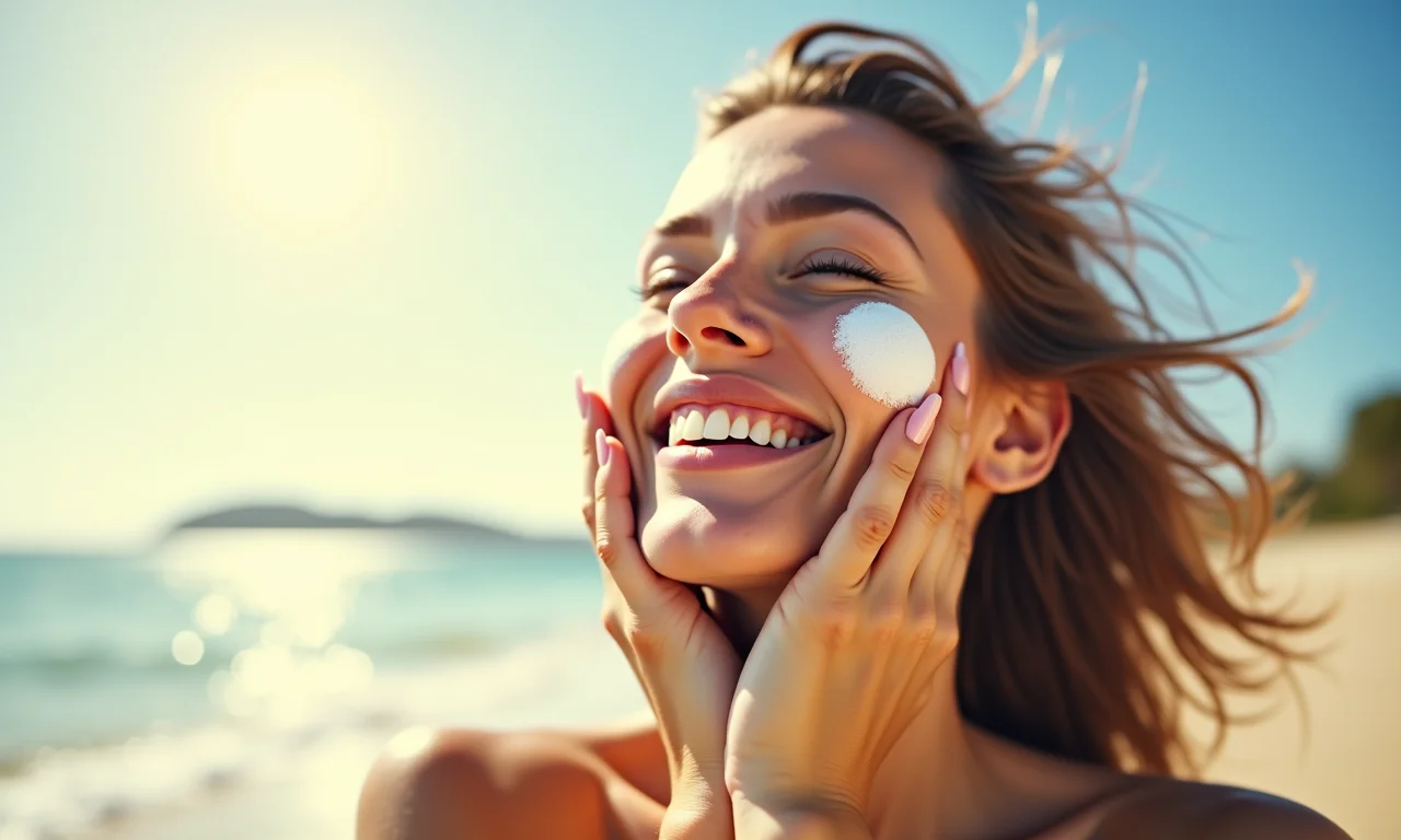 Mulher aplicando protetor solar na praia, equilibrando a proteção da pele com a necessidade de exposição solar para a vitamina D.
