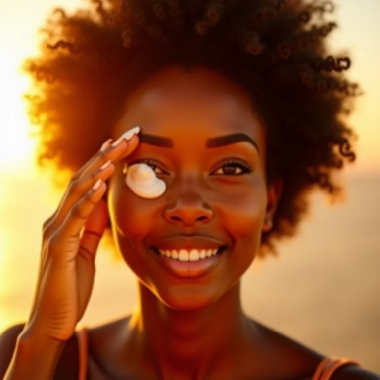 Mulher aplicando protetor solar nos olhos ao pôr do sol