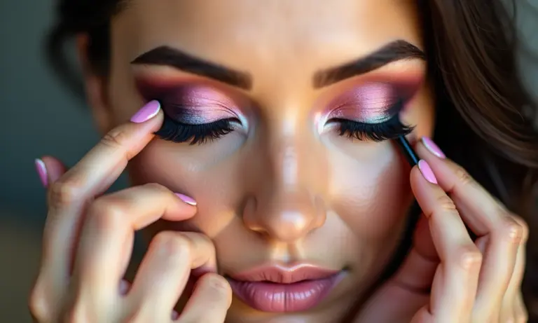 Mulher aplicando sombra em close-up, maquiagem vibrante e impecável.