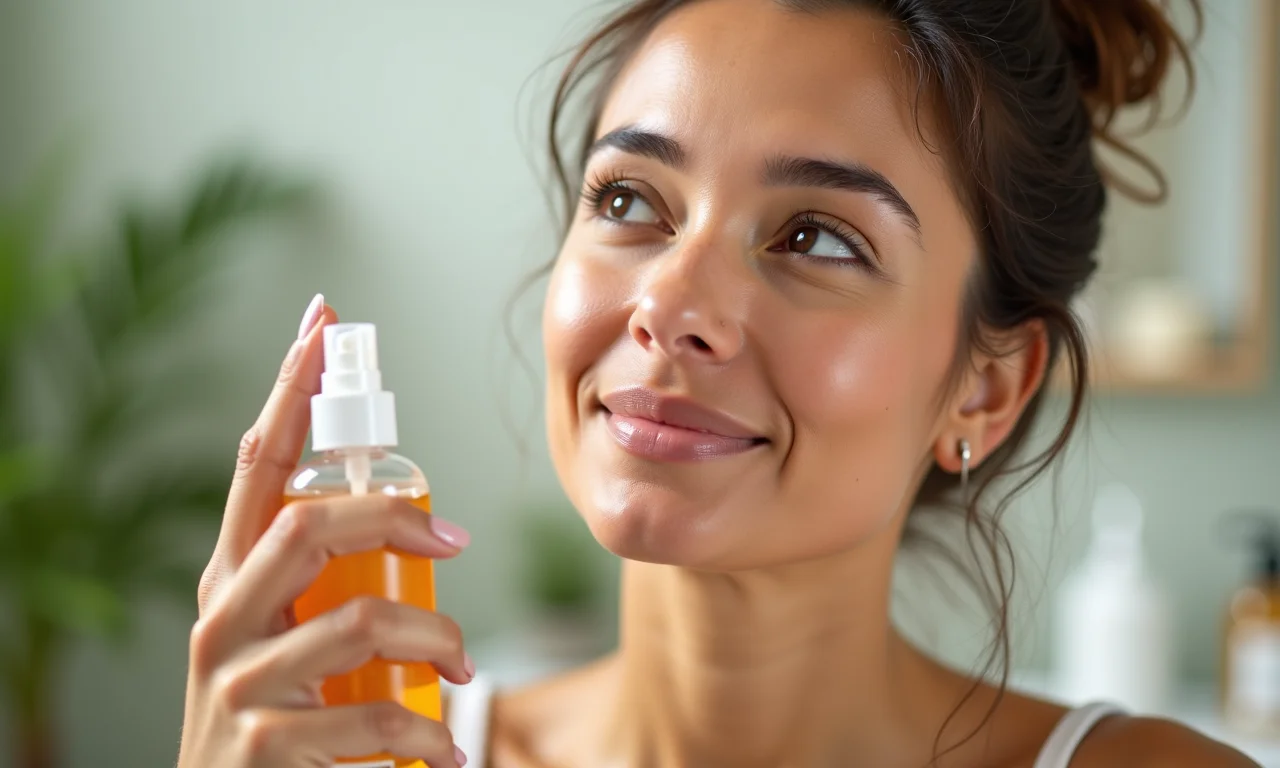 Mulher aplicando tônico facial caseiro de vinagre de maçã.