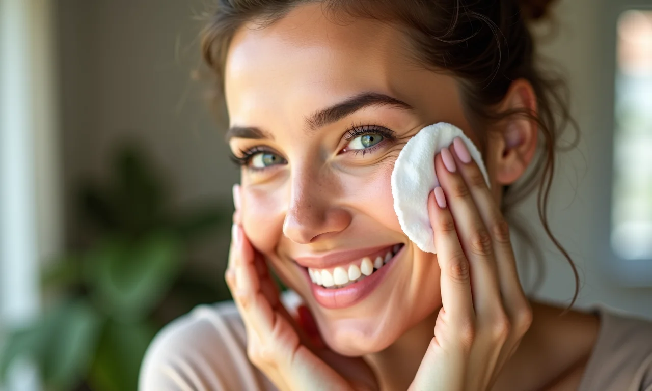 Mulher aplicando vinagre de maçã no rosto para uma pele radiante.