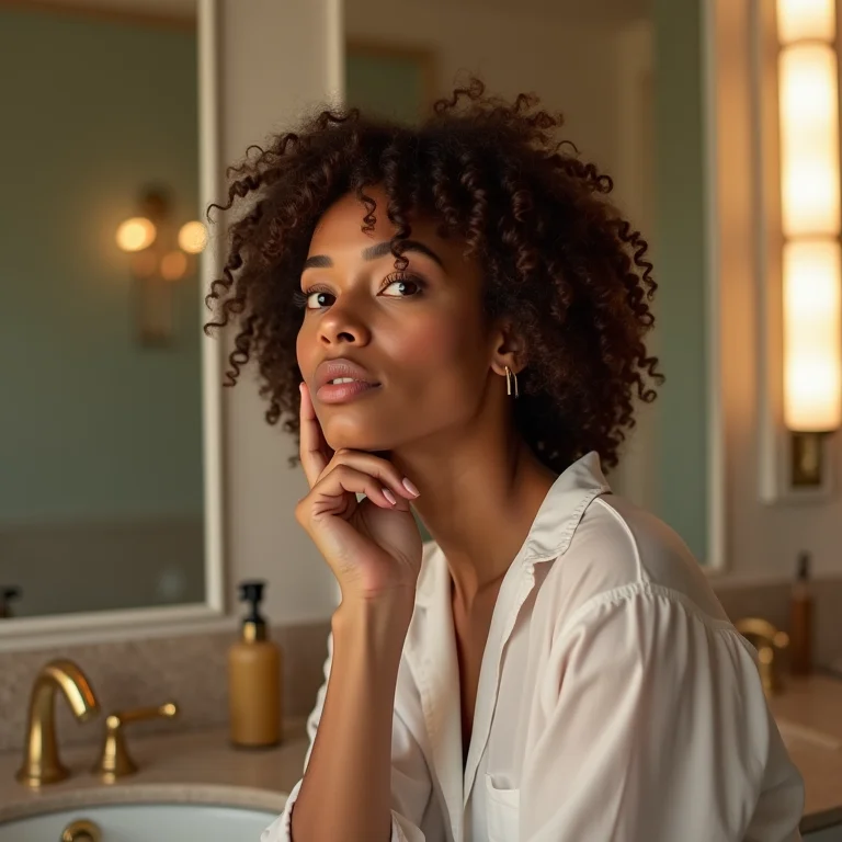 Mulher apreciando a decoração do banheiro