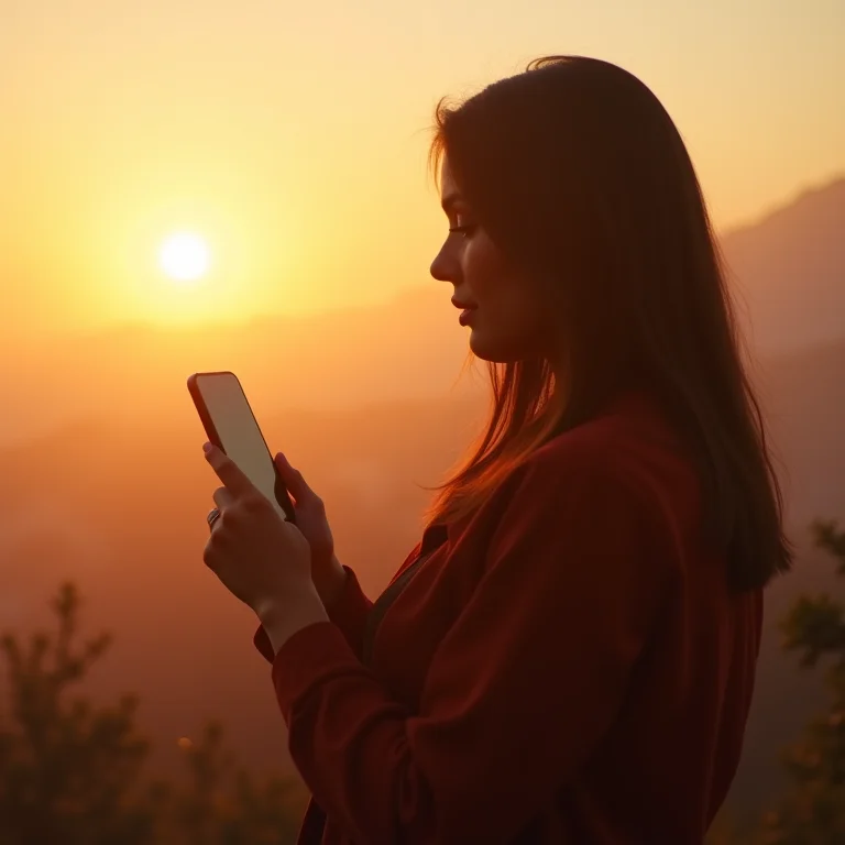 Mulher apreciando o pôr do sol, longe do celular
