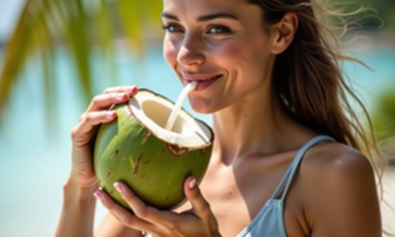 Mulher bebendo água de coco, hidratação essencial para recuperação da dengue.