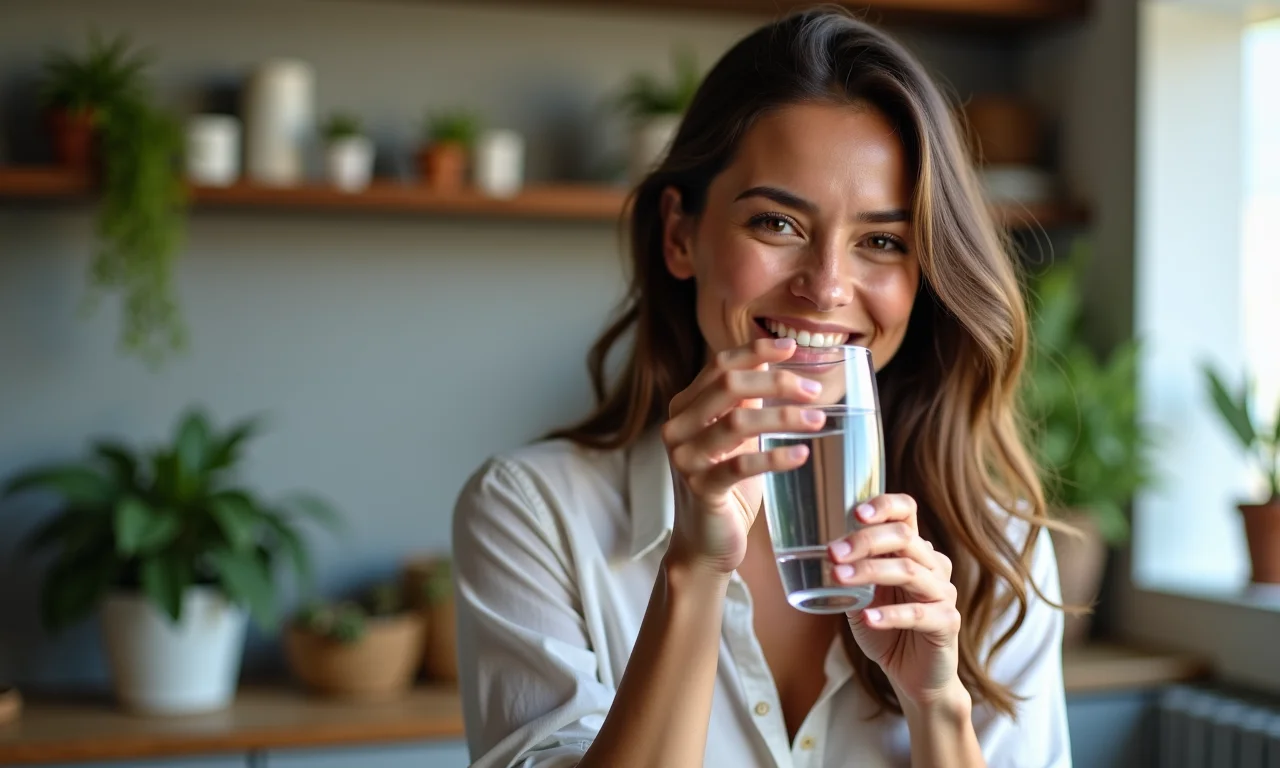 Mulher bebendo água em uma cozinha brasileira, mantendo-se hidratada.