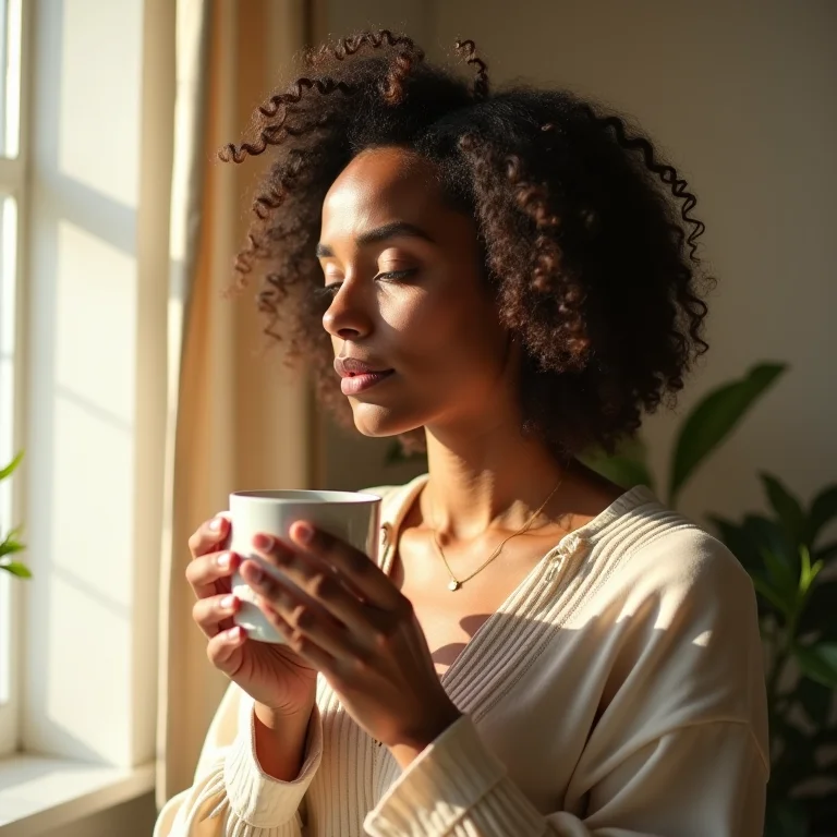 Mulher bebendo chá de alecrim.