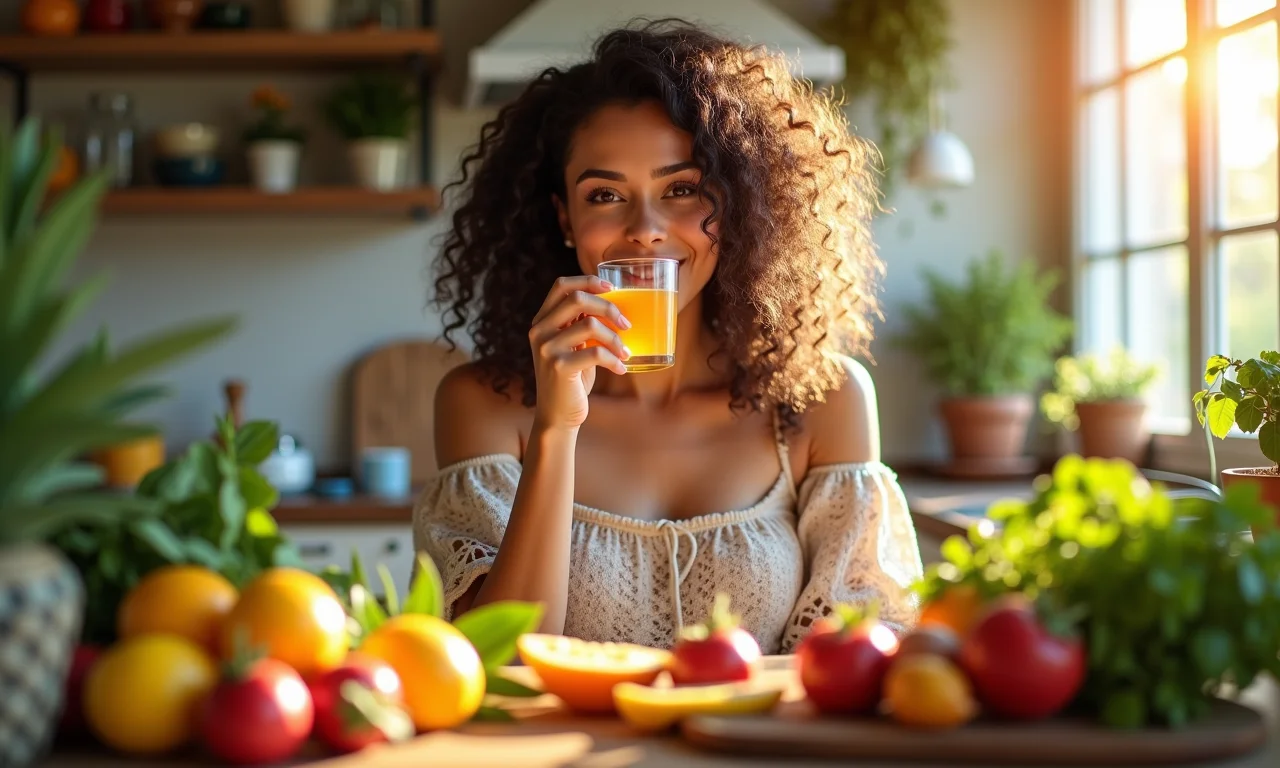 Mulher bebendo chá de zimbro em cozinha ensolarada, foco nos antioxidantes.