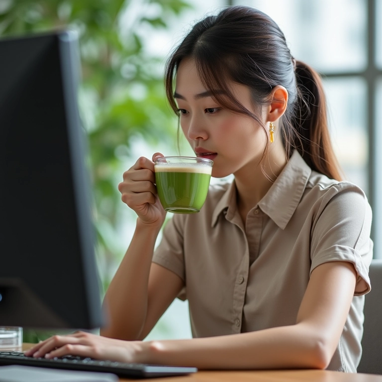Mulher bebendo chá verde enquanto trabalha no computador, porção medida.