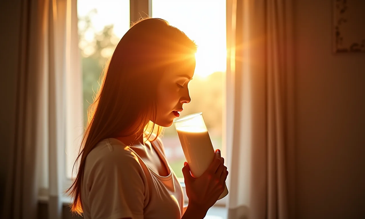 Mulher bebendo leite ao sol.