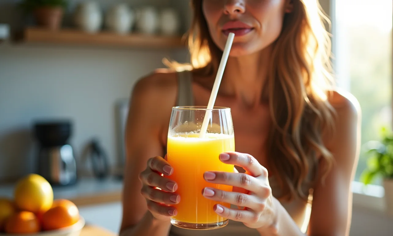 Mulher bebendo suco com canudo de vidro