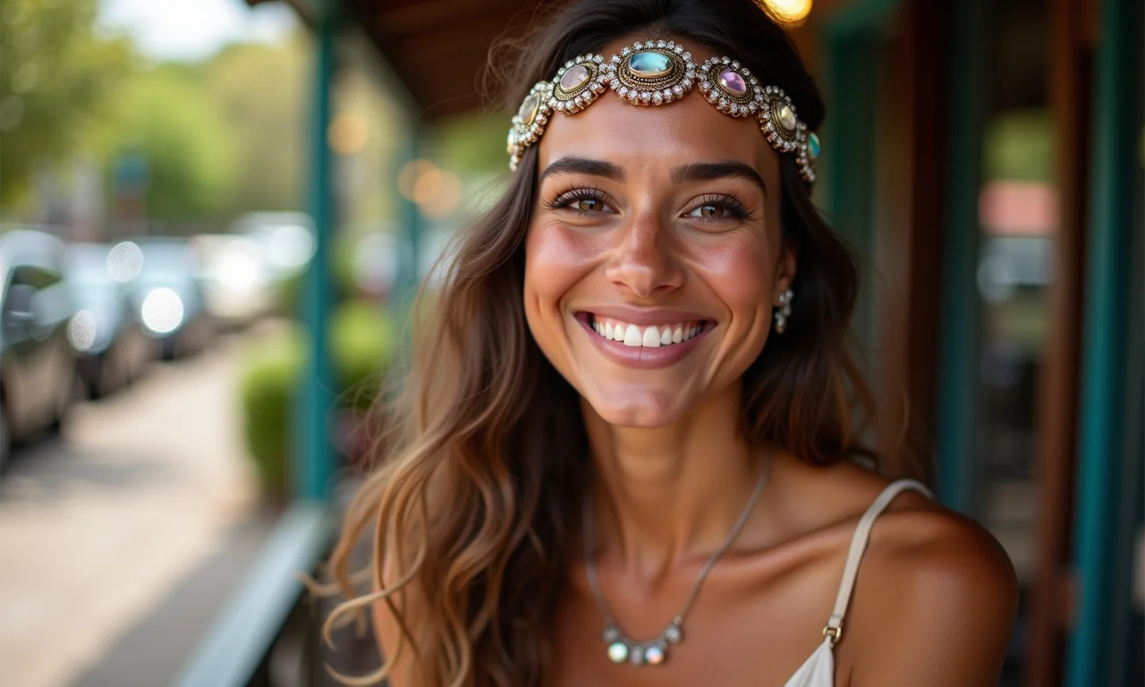 Mulher boho chic com headband de cristais.