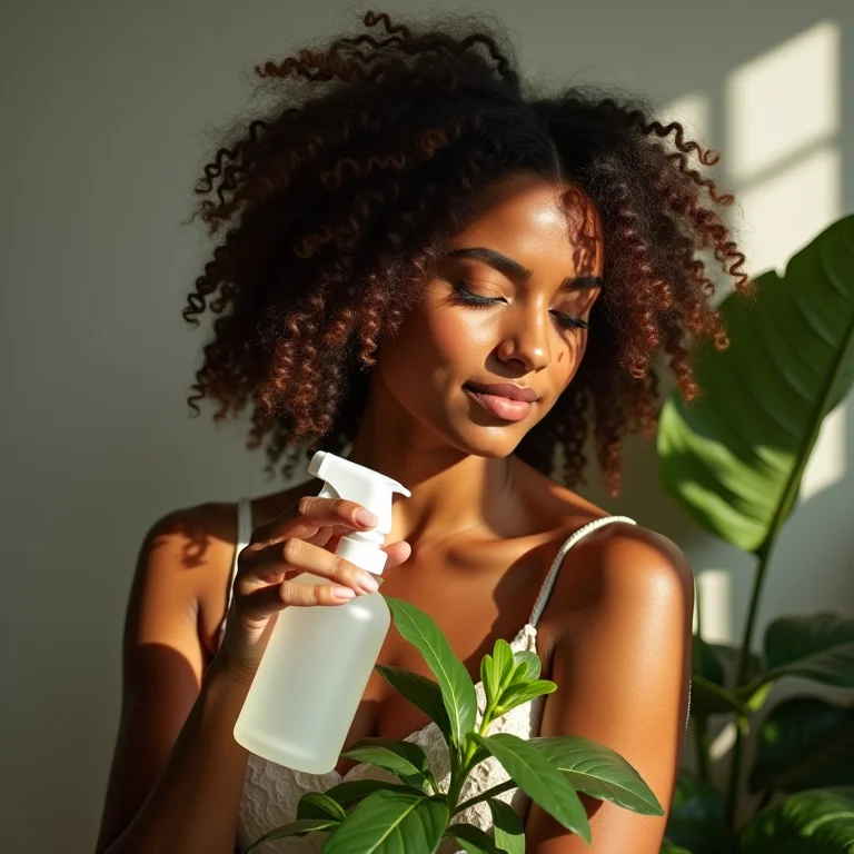Mulher borrifando água em uma planta Fitônia.