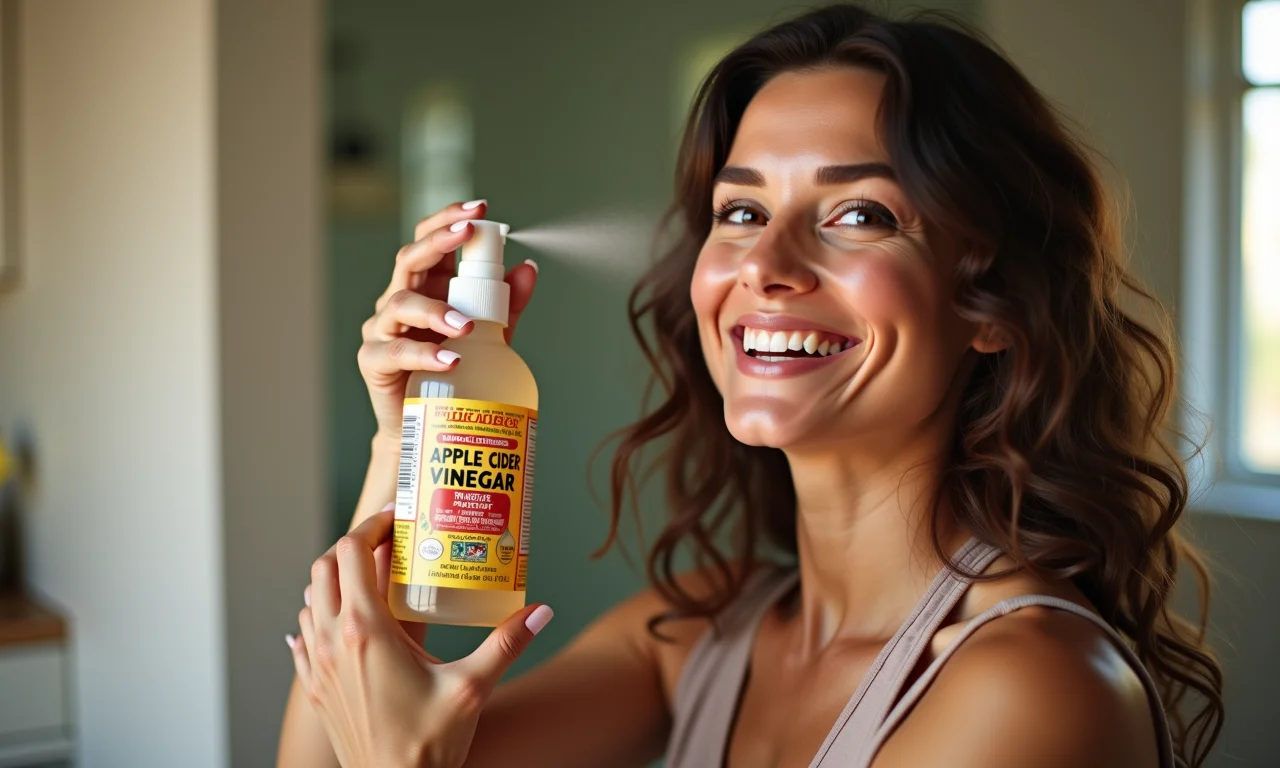 Mulher borrifando spray de brilho capilar de vinagre de maçã.