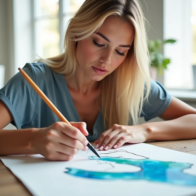 Mulher branca pintando aquarela usando a técnica molhado sobre seco