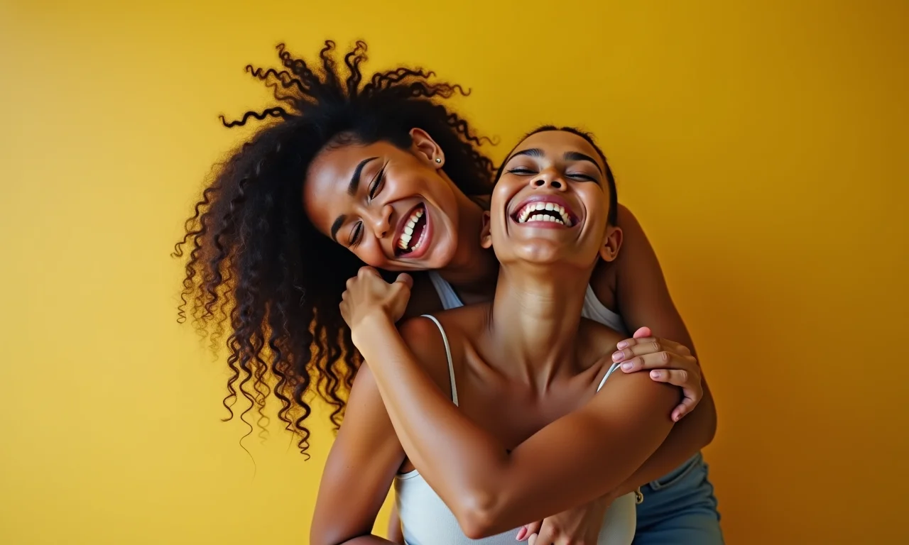 Mulher brasileira autêntica rindo livremente e sendo ela mesma.