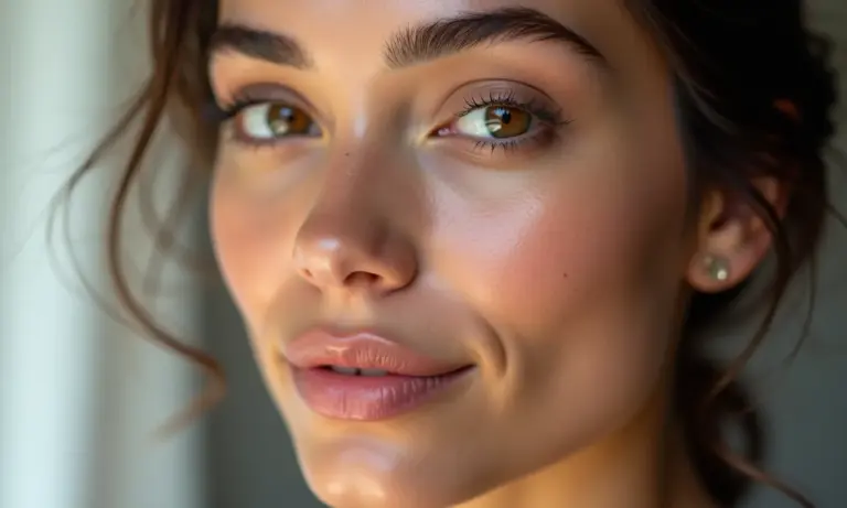 Mulher brasileira com maquiagem natural impecável, pele radiante e iluminação suave.