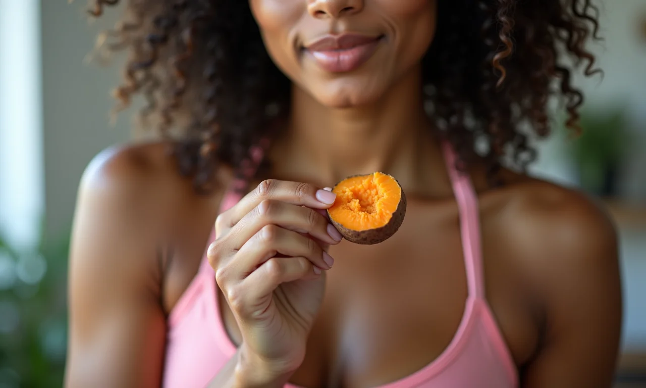 Mulher brasileira comendo batata doce após o treino.