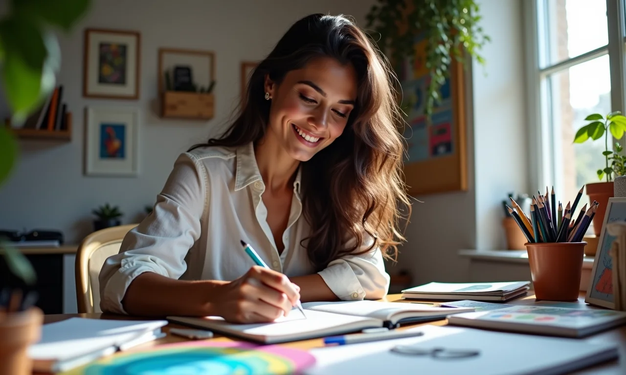 Mulher brasileira desenhando em um caderno, definindo seus objetivos e metas.