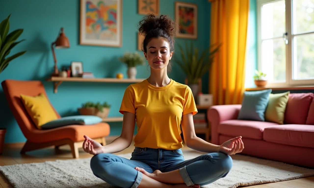 Mulher brasileira meditando para controlar a compulsão por doces.