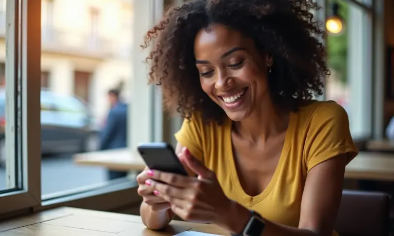 Mulher brasileira planejando viagem para Portugal em café ensolarado.