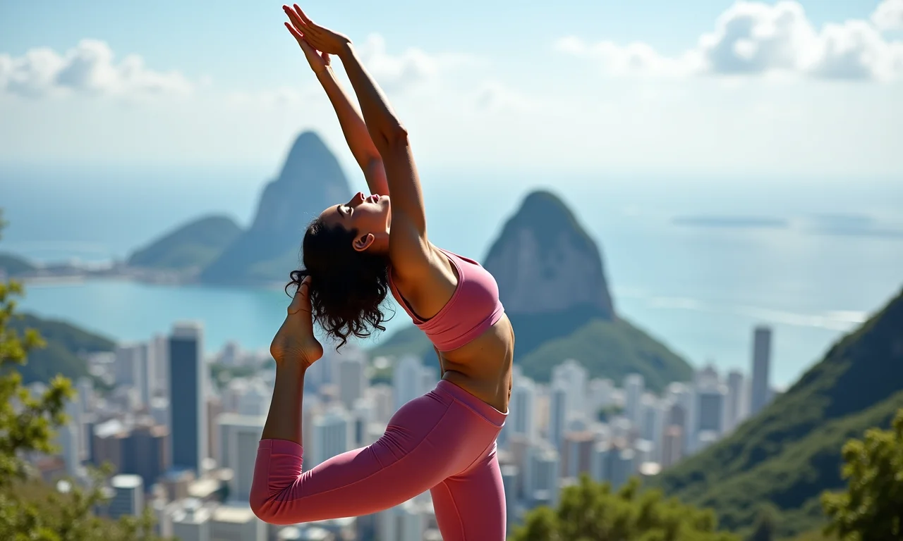 Mulher brasileira praticando a postura da árvore com vista para o Rio de Janeiro.