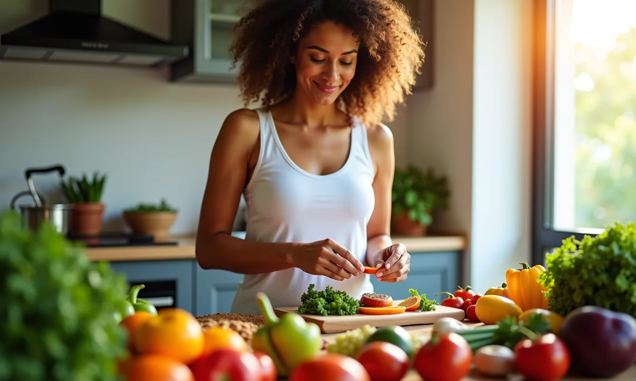 Hanseníase: dieta para fortalecer Mulher brasileira preparando refeição saudável e colorida para fortalecer a imunidade contra hanseníase.
