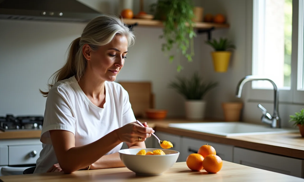 Mulher brasileira saboreando physalis em cozinha iluminada com design brasileiro.