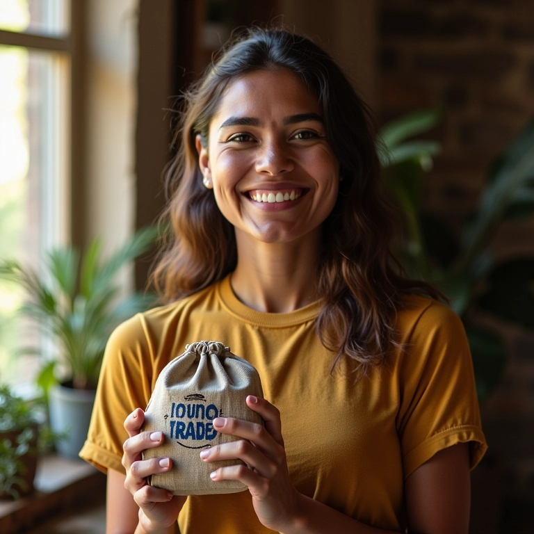 Mulher brasileira segurando produto de comércio justo com um sorriso.