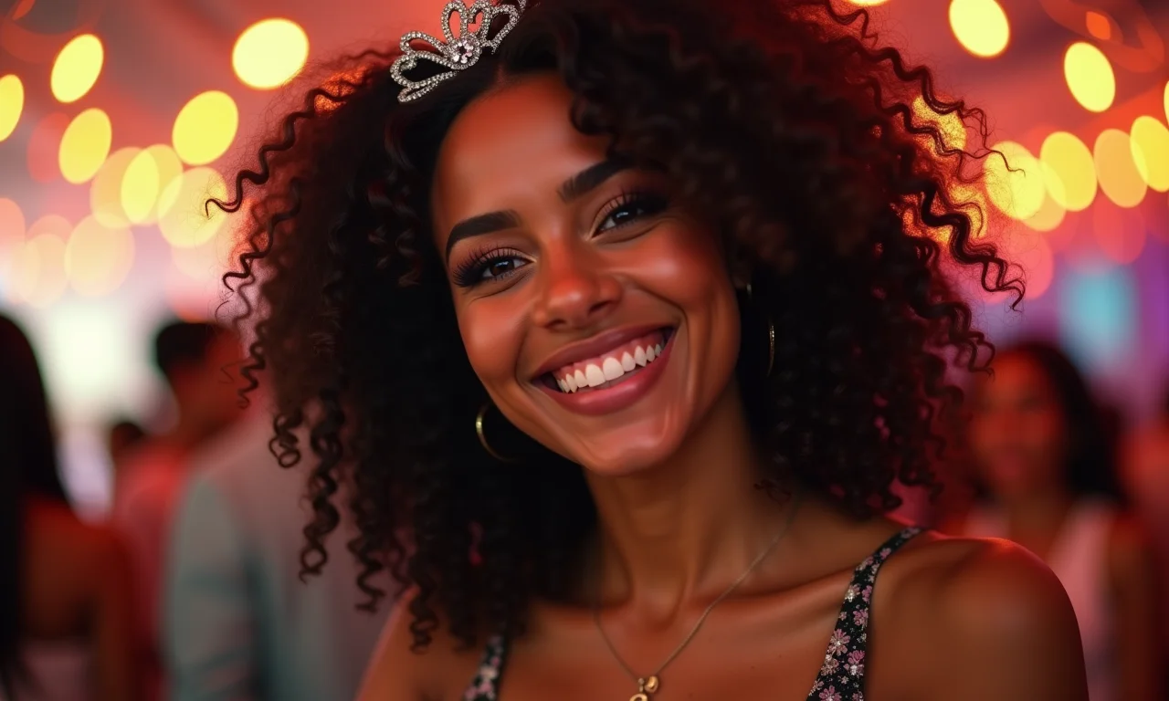 Acessórios De Cabelo Com Brilho Adicione Glamour Aos Seus Penteados De Festa Mulher brasileira sorrindo com acessório de cabelo brilhante em festa.