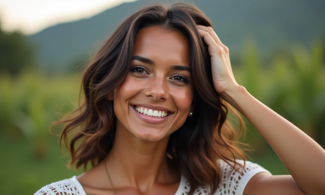 Penteados para Cabelos Médios: Estilos Versáteis Mulher brasileira sorrindo com diversos penteados para cabelos médios.