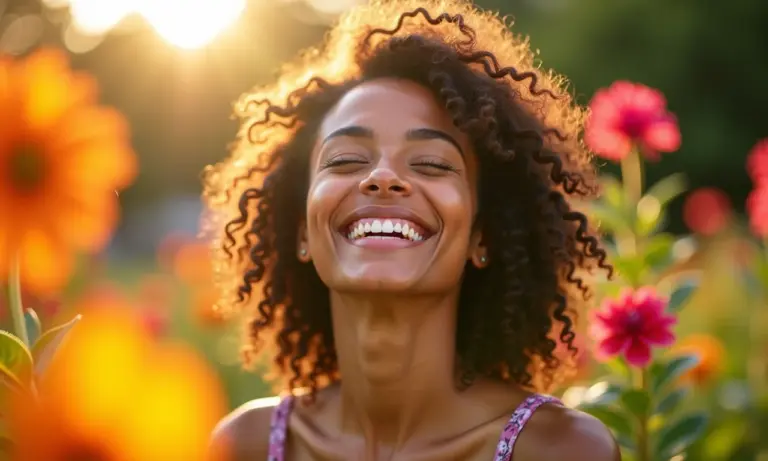 Mulher brasileira sorrindo em jardim ensolarado, simbolizando foco em si e felicidade.