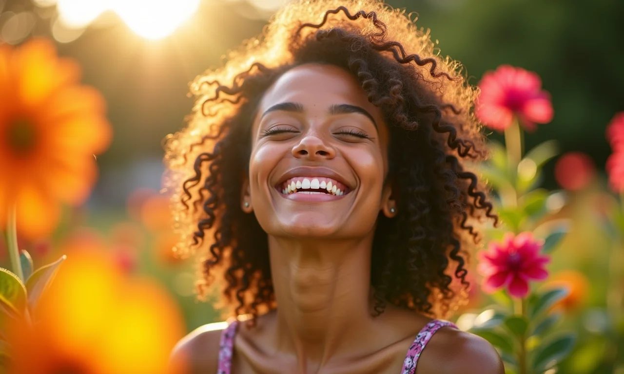 Dicas Para Focar em Si Mesma e Ser Feliz Mulher brasileira sorrindo em jardim ensolarado, simbolizando foco em si e felicidade.