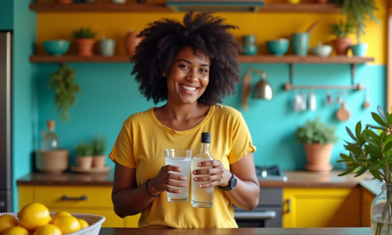 Mulher brasileira substituindo refrigerante por água com gás e limão.