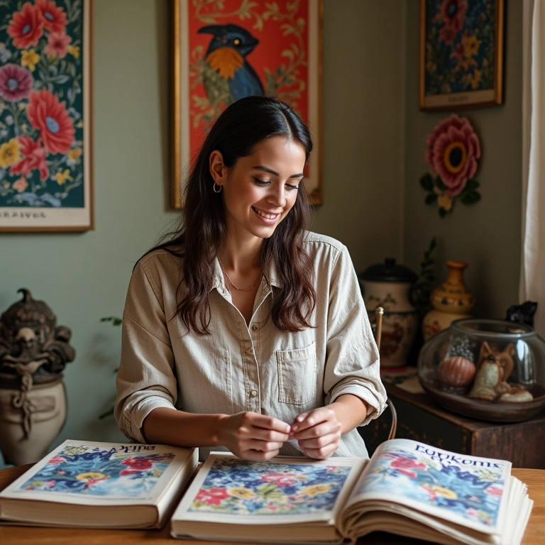 Mulher buscando inspiração e moldes em revistas de moda vintage.