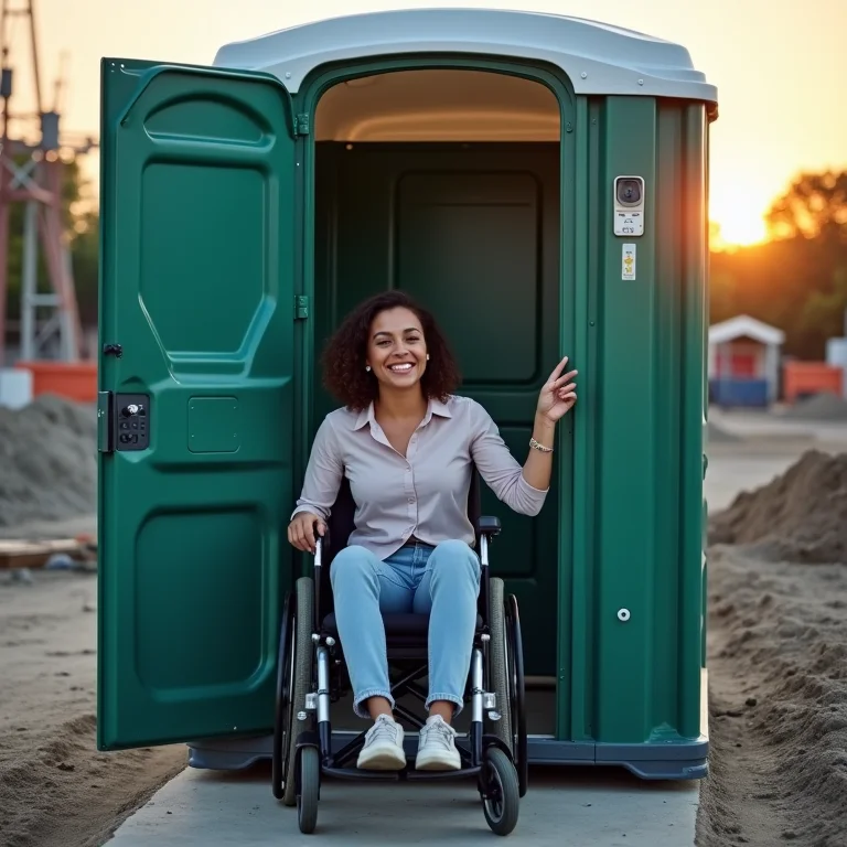 Mulher cadeirante sorrindo ao sair de banheiro químico acessível