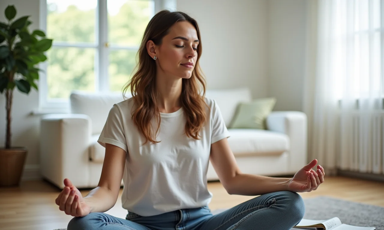 Mulher calma meditando com um planejador ao lado.