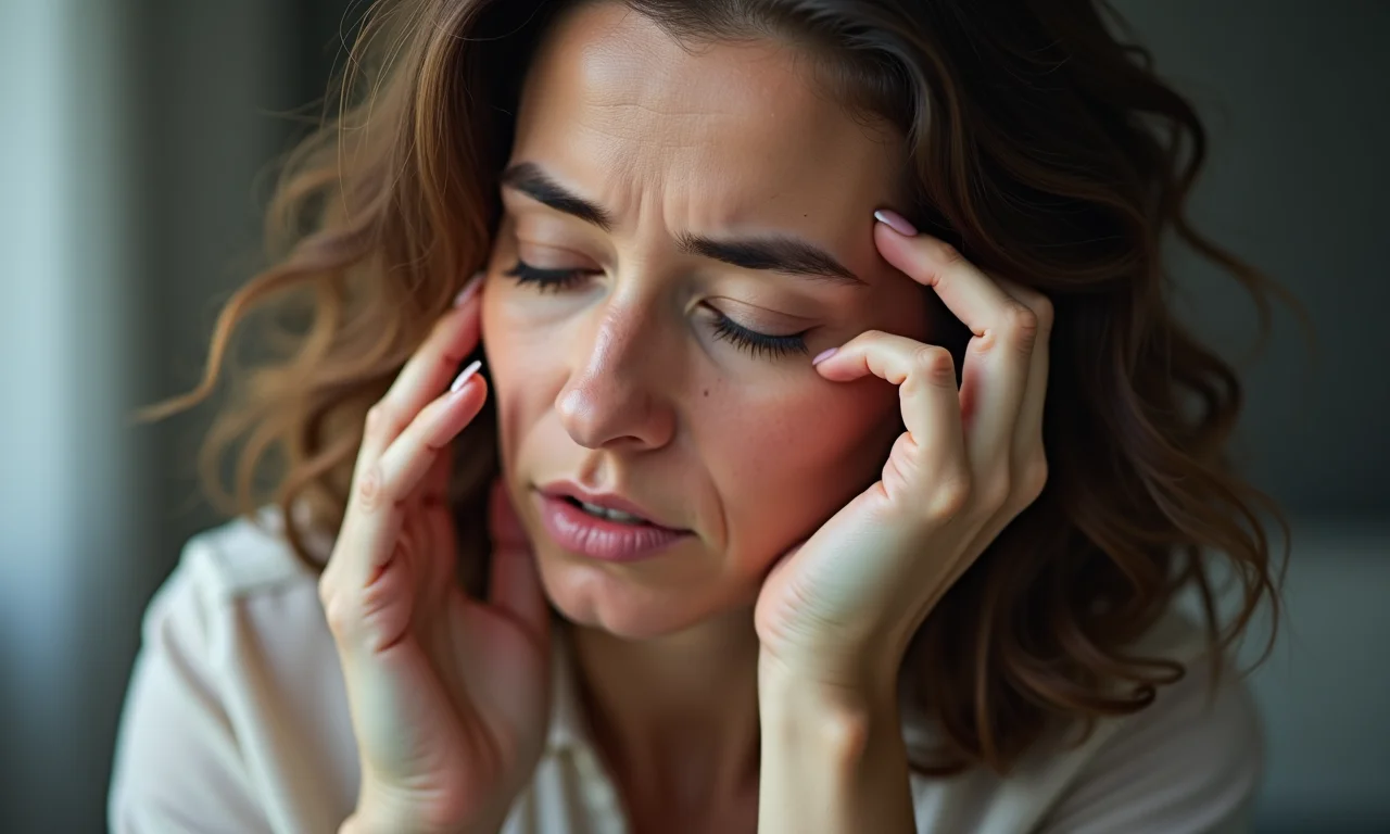 Mulher cansada com cabelo opaco e unhas fracas.
