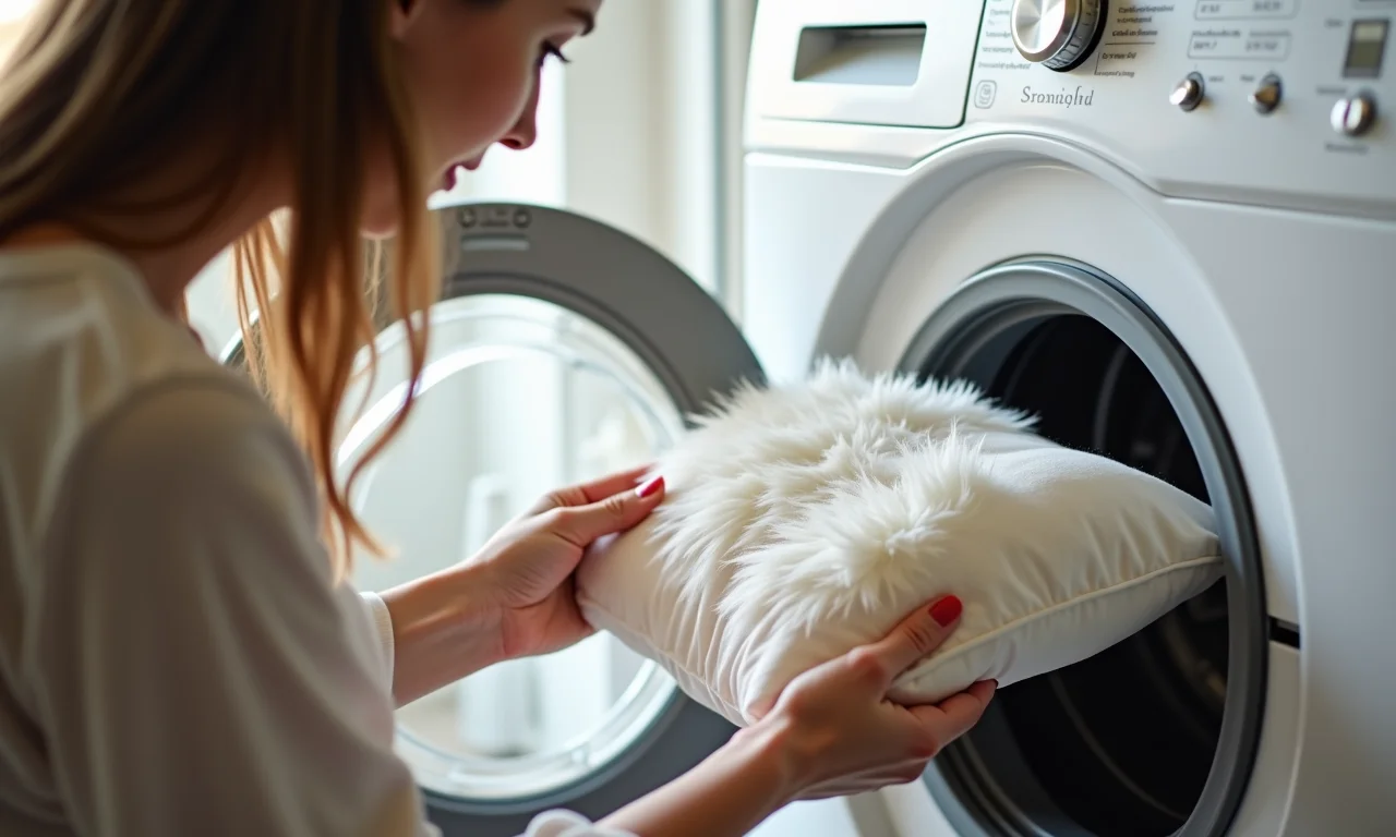 Mulher colocando travesseiro de pena na máquina de lavar.