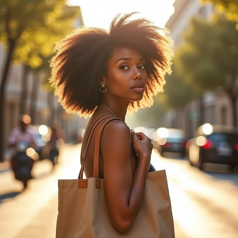 Mulher com bolsa de tecido estilosa.