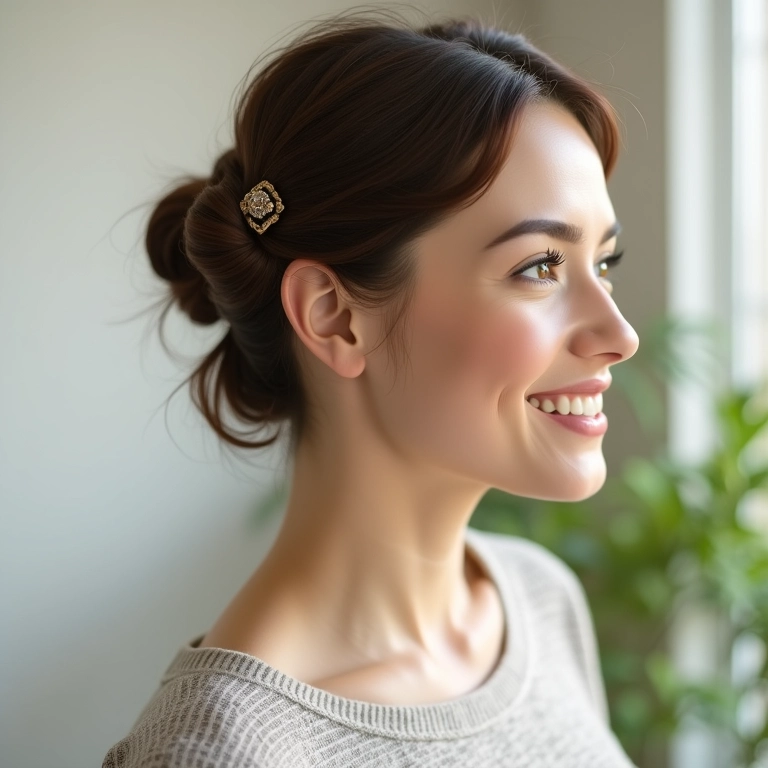 Mulher com cabelo curto em meio preso com torcidinho.