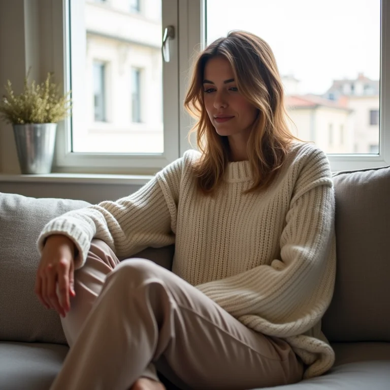 Mulher com calças de viscose e blusa de lã perto da janela.