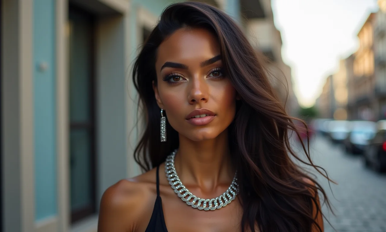 Mulher com corrente de cabelo brilhante.